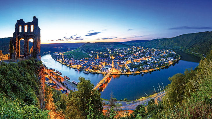 A view over the twin town of Traben-Trarbach at night, Germany